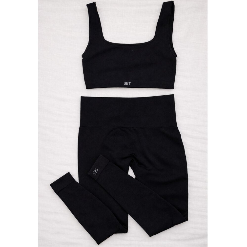 SET Active Sculptflex Box Cut Bra (L) + Leggings (L) Matching Workout Set Black